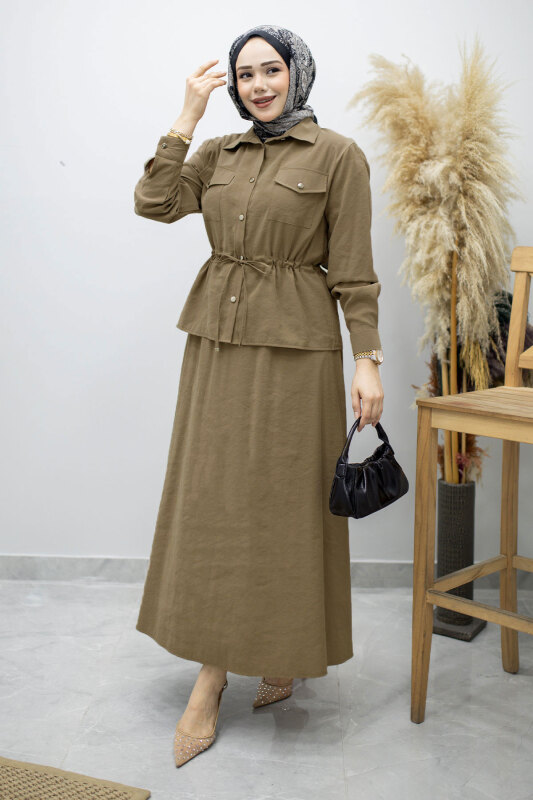 Cepli Beli Büzgülü Etekli Takım TSD260171 Haki - 3