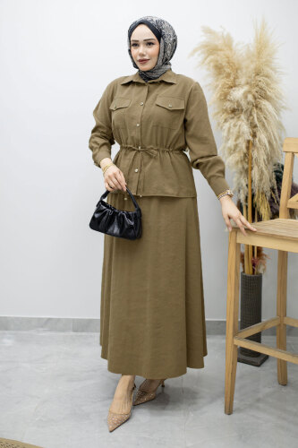 Cepli Beli Büzgülü Etekli Takım TSD260171 Haki - Tesettür Dünyası