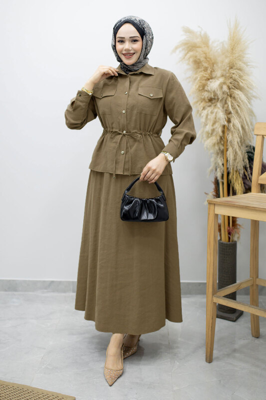 Cepli Beli Büzgülü Etekli Takım TSD260171 Haki - 5