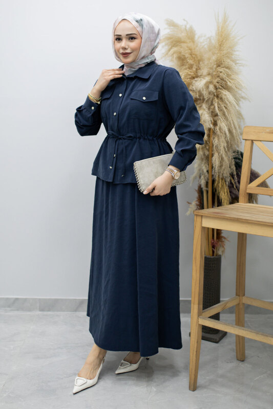 Cepli Beli Büzgülü Etekli Takım TSD260171 Lacivert - 1