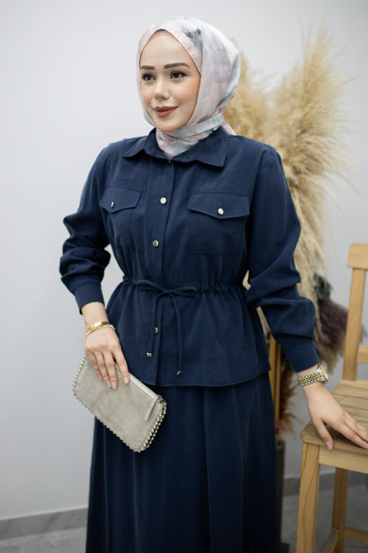 Cepli Beli Büzgülü Etekli Takım TSD260171 Lacivert - 2