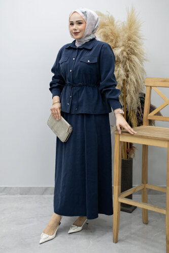 Cepli Beli Büzgülü Etekli Takım TSD260171 Lacivert - 3