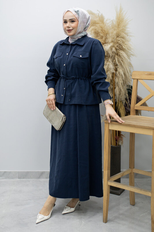 Cepli Beli Büzgülü Etekli Takım TSD260171 Lacivert - 3