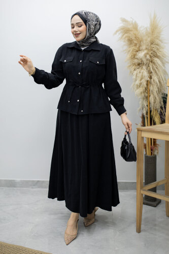 Cepli Beli Büzgülü Etekli Takım TSD260171 Siyah 
