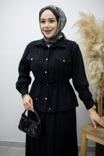 Cepli Beli Büzgülü Etekli Takım TSD260171 Siyah - 2