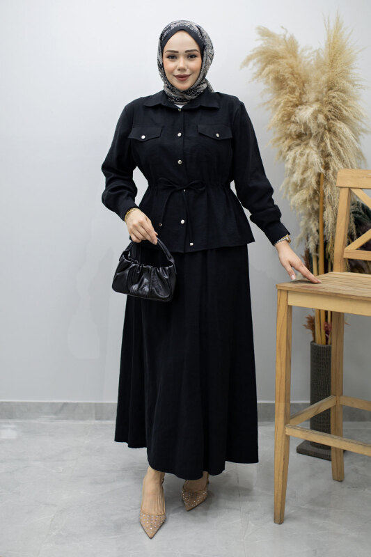 Cepli Beli Büzgülü Etekli Takım TSD260171 Siyah - 3