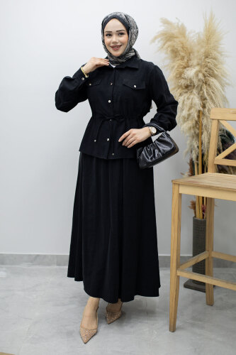 Cepli Beli Büzgülü Etekli Takım TSD260171 Siyah - 5