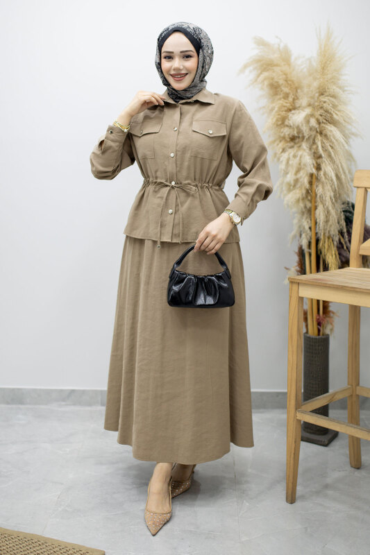 Cepli Beli Büzgülü Etekli Takım TSD260171 Vizon - 1