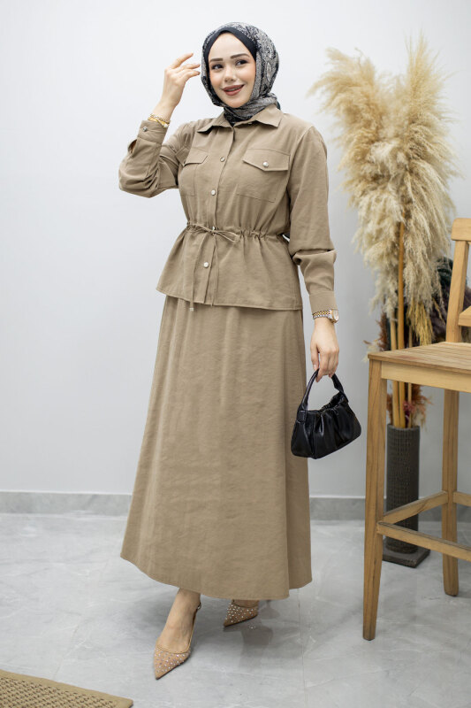 Cepli Beli Büzgülü Etekli Takım TSD260171 Vizon - 3