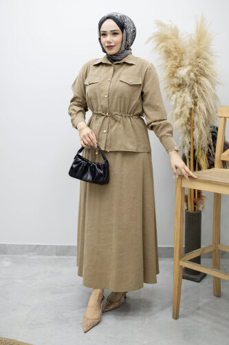 Cepli Beli Büzgülü Etekli Takım TSD260171 Vizon - 5