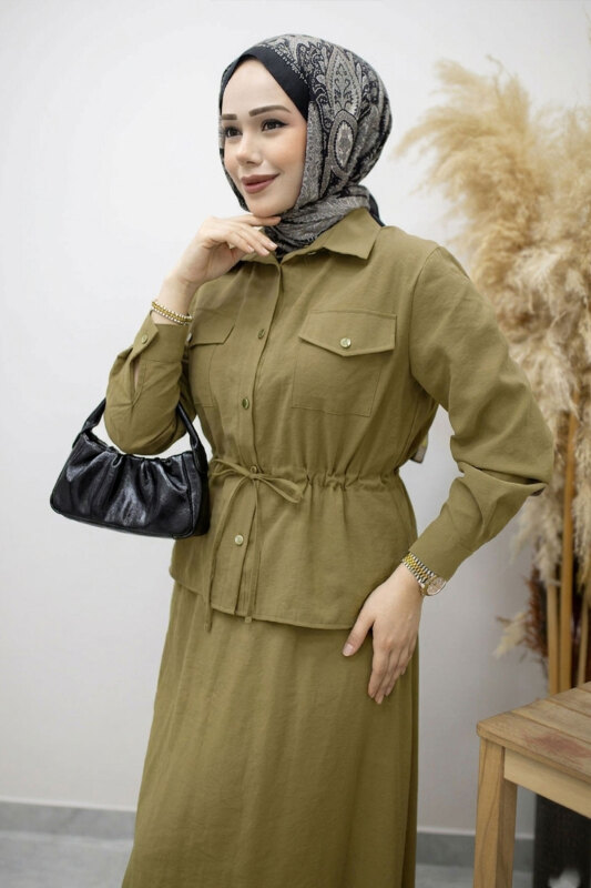 Cepli Beli Büzgülü Etekli Takım TSD260171 Yeşil - Tesettür Dünyası (1)