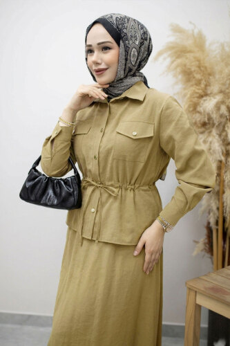 Cepli Beli Büzgülü Etekli Takım TSD260171 Yeşil - Tesettür Dünyası (1)