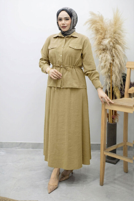 Cepli Beli Büzgülü Etekli Takım TSD260171 Yeşil - Tesettür Dünyası