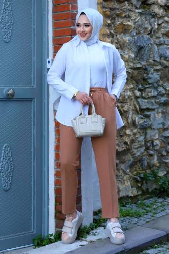 Cepli Beli Lastikli Kalem Pantolon TSD240104 Camel 