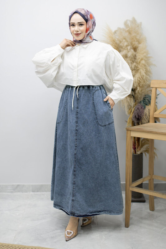 Cepli Beli Lastikli Kot Etek TSD260175 Açık Mavi - Tesettür Dünyası