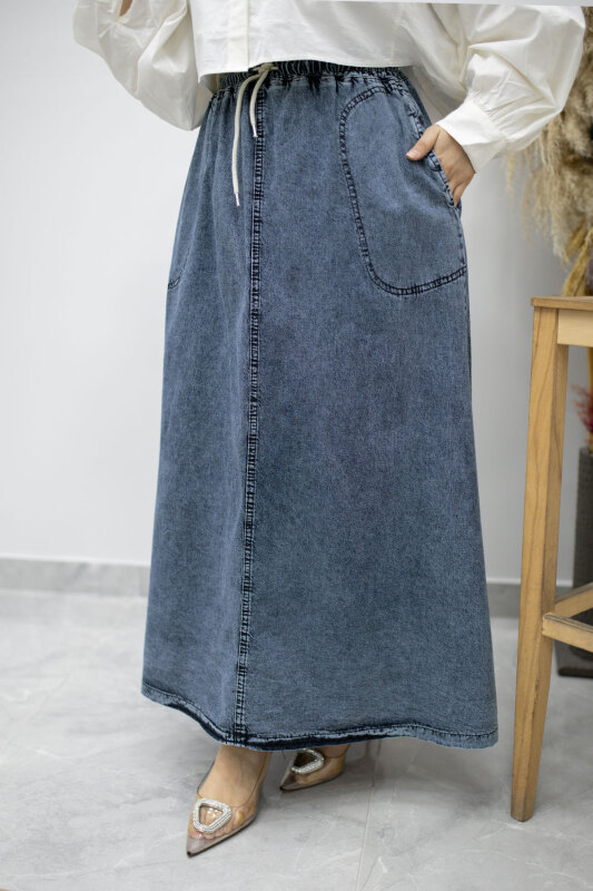 Cepli Beli Lastikli Kot Etek TSD260175 Açık Mavi - Tesettür Dünyası (1)