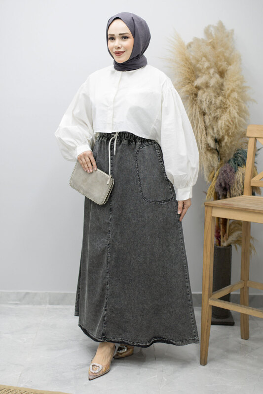 Cepli Beli Lastikli Kot Etek TSD260175 Antrasit - Tesettür Dünyası