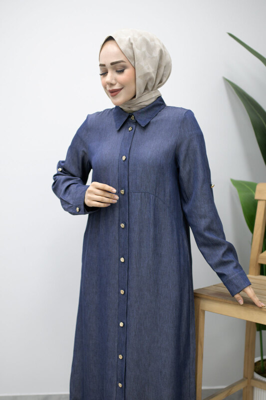 Cepli Boydan Düğmeli Kap TSD260216 Koyu Mavi - TESETTÜR DÜNYASI (1)