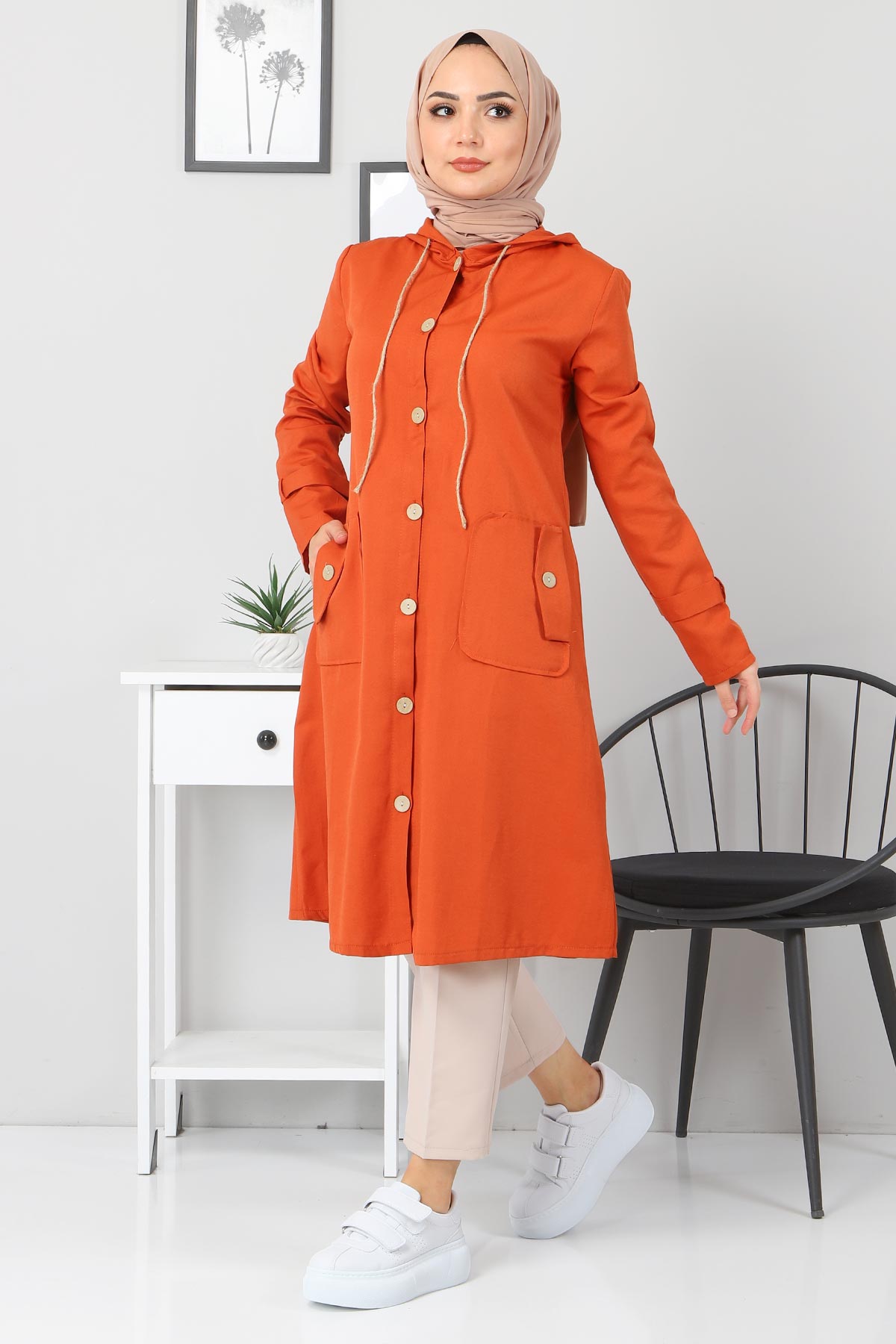 Tesettür Dünyası - Pocket Hooded Hijab Coat TSD00106 Orange