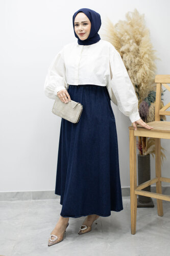 Cepli Kloş Kot Etek TSD260178 Koyu Mavi - Tesettür Dünyası
