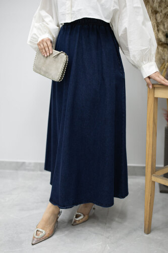 Cepli Kloş Kot Etek TSD260178 Koyu Mavi - Tesettür Dünyası (1)