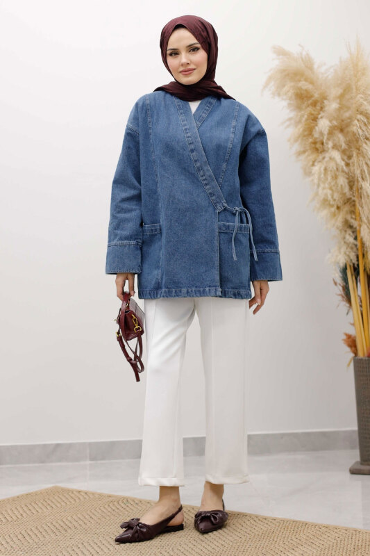 Cepli Yandan Bağlamalı Kot Ceket TSD260119 Mavi - TESETTÜR DÜNYASI