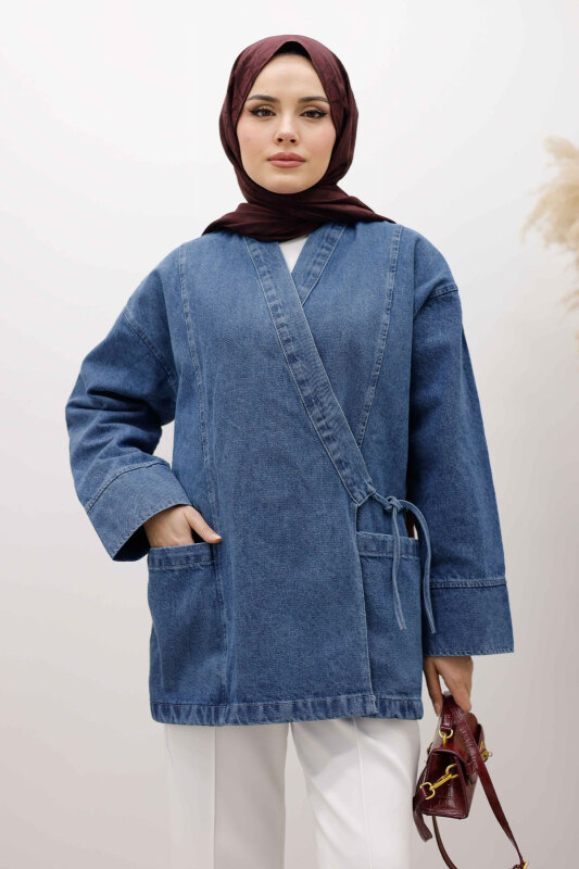 Cepli Yandan Bağlamalı Kot Ceket TSD260119 Mavi - TESETTÜR DÜNYASI (1)