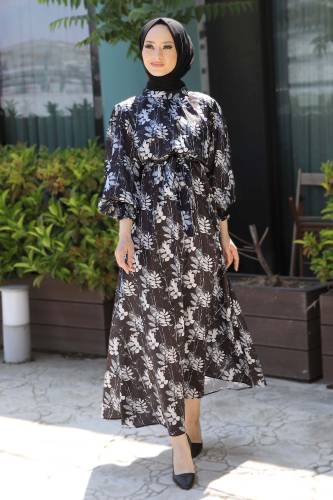 Çiçek Baskılı Elbise TSD220619 Siyah 