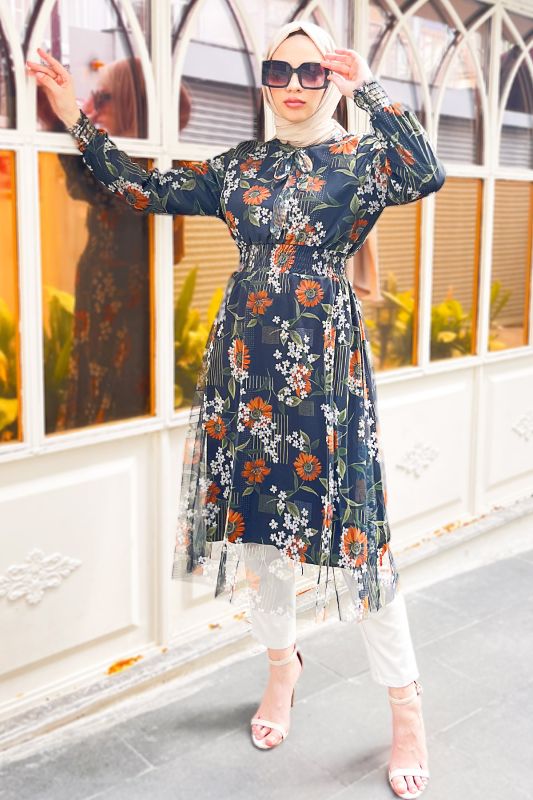 Çiçek Desen Tül Tunik TSD220809 Siyah - 1