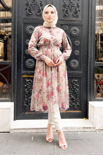 Çiçek Desen Tül Tunik TSD220809 Vizon 