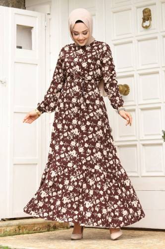 Çiçek Desenli Beli Kuşaklı Volanlı Elbise TSD240251 Kahverengi - 3