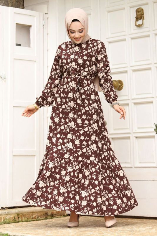 Çiçek Desenli Beli Kuşaklı Volanlı Elbise TSD240251 Kahverengi - 3