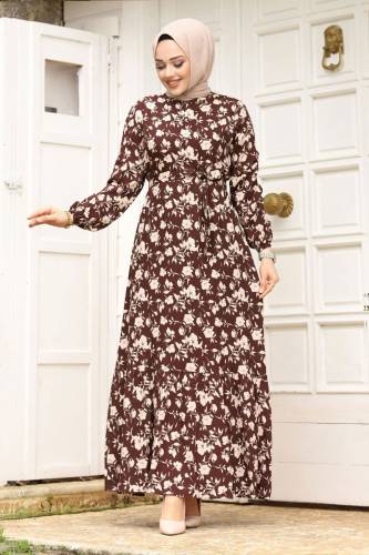 Çiçek Desenli Beli Kuşaklı Volanlı Elbise TSD240251 Kahverengi - Tesettür Dünyası