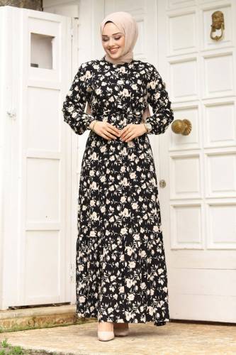 Çiçek Desenli Beli Kuşaklı Volanlı Elbise TSD240251 Siyah - Tesettür Dünyası