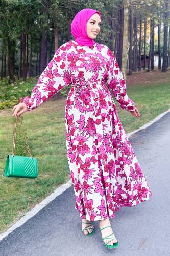 Çiçek Desenli Beli Lastikli Elbise TSD220847 Pembe 