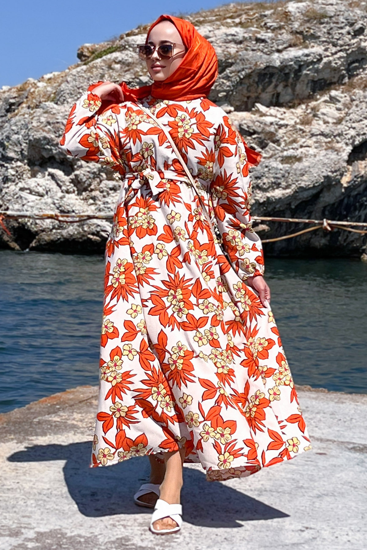 Tesettür Dünyası - Çiçek Desenli Beli Lastikli Elbise TSD220847 Turuncu