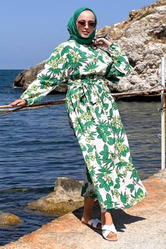 Çiçek Desenli Beli Lastikli Elbise TSD220847 Yeşil 