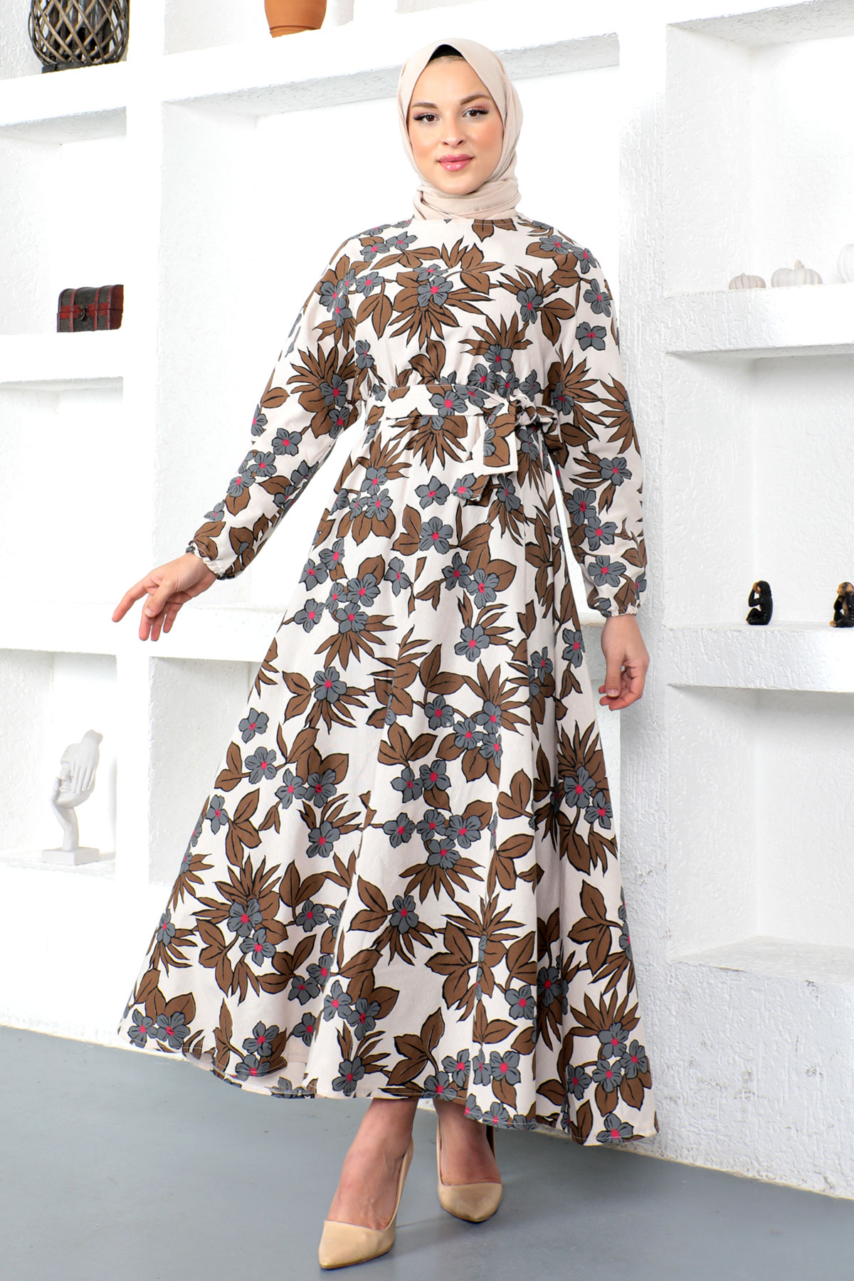 Tesettür Dünyası - Çiçek Desenli Beli Lastikli Elbise TSD230223 Kahverengi