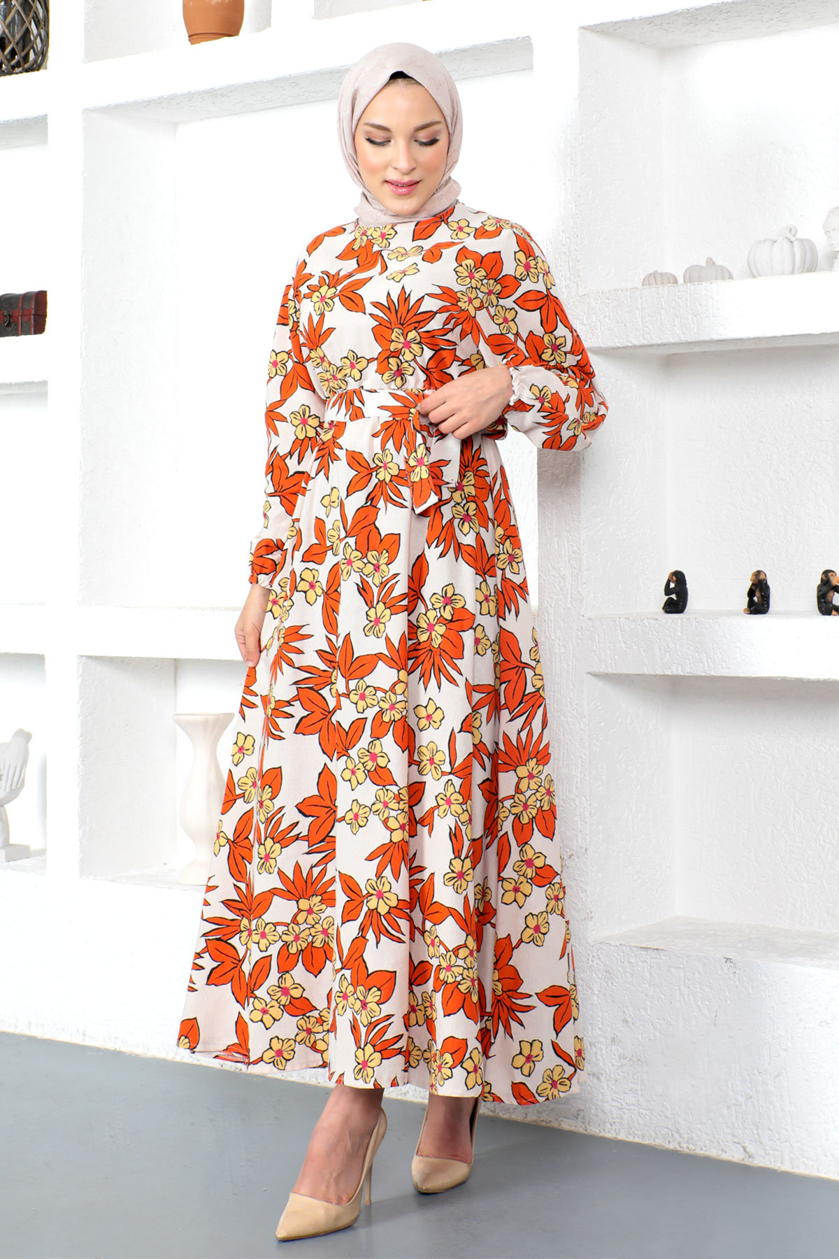 Tesettür Dünyası - Çiçek Desenli Beli Lastikli Elbise TSD230223 Turuncu
