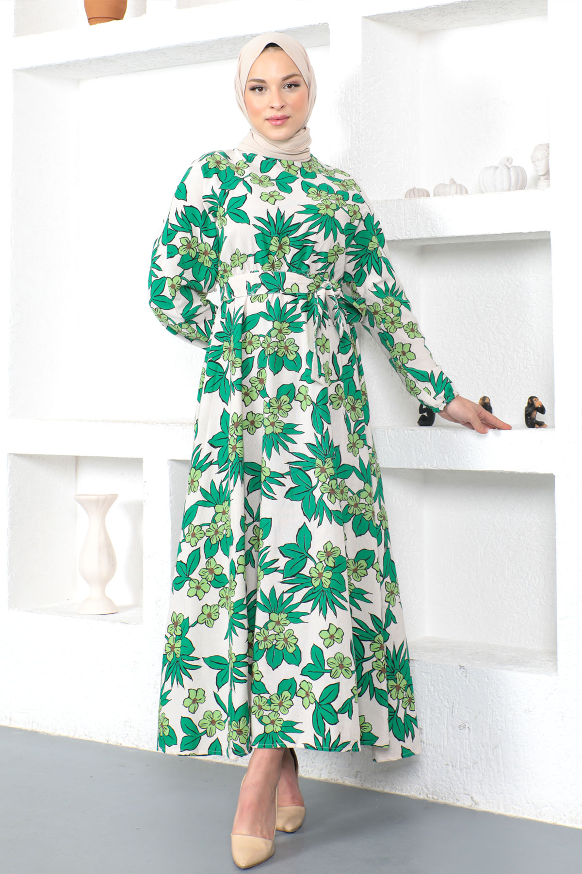 Tesettür Dünyası - Çiçek Desenli Beli Lastikli Elbise TSD230223 Yeşil
