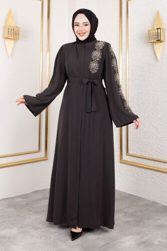 Çiçek Desenli Boncuk İşlemeli Ferace TSD250161 Antrasit - Tesettür Dünyası