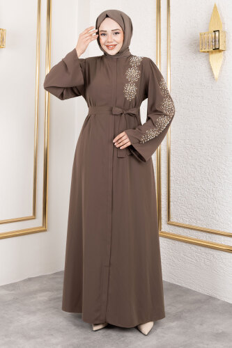 Çiçek Desenli Boncuk İşlemeli Ferace TSD250161 Kahverengi 