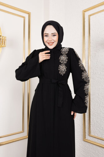 Çiçek Desenli Boncuk İşlemeli Ferace TSD250161 Siyah - 2
