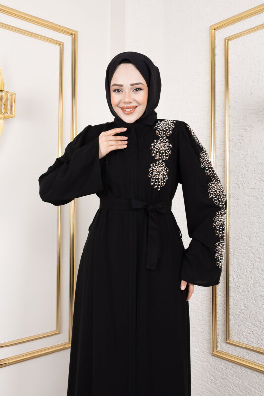 Çiçek Desenli Boncuk İşlemeli Ferace TSD250161 Siyah - 2