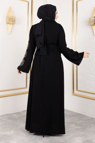 Çiçek Desenli Boncuk İşlemeli Ferace TSD250161 Siyah - 5