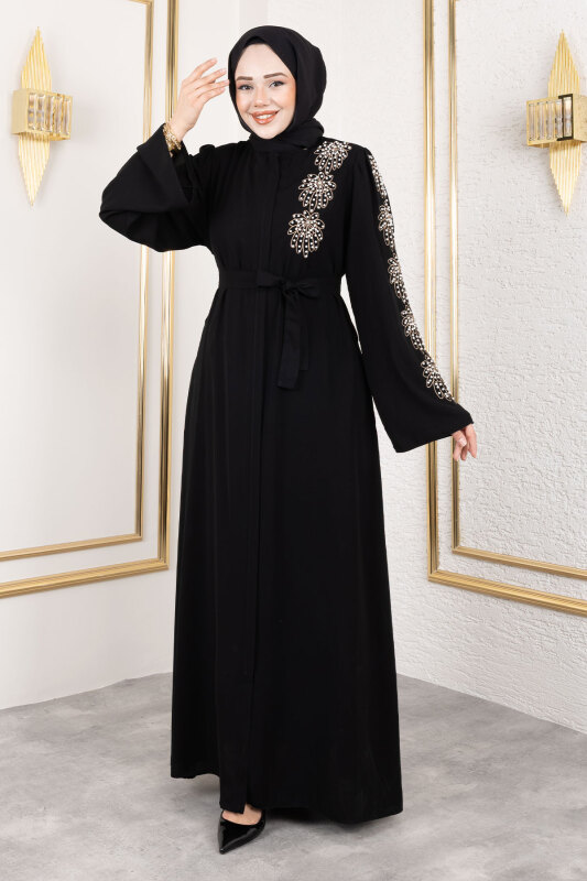 Çiçek Desenli Boncuk İşlemeli Ferace TSD250161 Siyah - 1