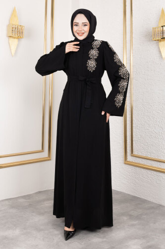 Çiçek Desenli Boncuk İşlemeli Ferace TSD250161 Siyah - 3