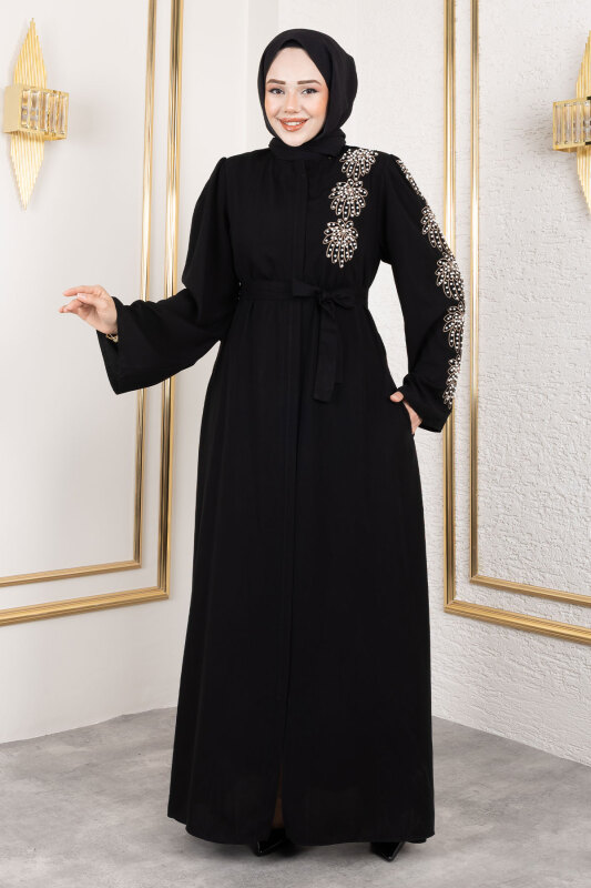 Çiçek Desenli Boncuk İşlemeli Ferace TSD250161 Siyah - 4