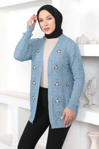 Çiçek Desenli Düğmesiz Triko Hırka TSD230351 Mavi 