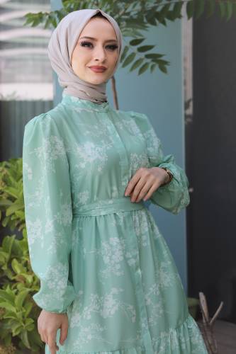 Çiçek Desenli Elbise TSD220510 Mint Yeşili - Tesettür Dünyası (1)